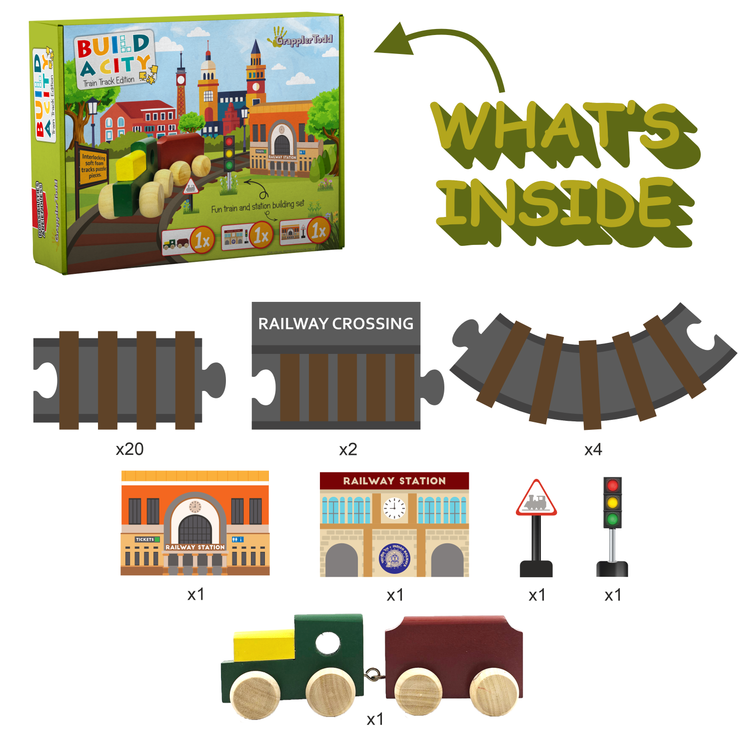 GrapplerTodd Railroad Train Track Set - 31 Pieces Fun Playing Puzzle Road Set, Premium Wooden and EVA Foam, Indoor & Outdoor Toys, Action Toys 2-9 Years